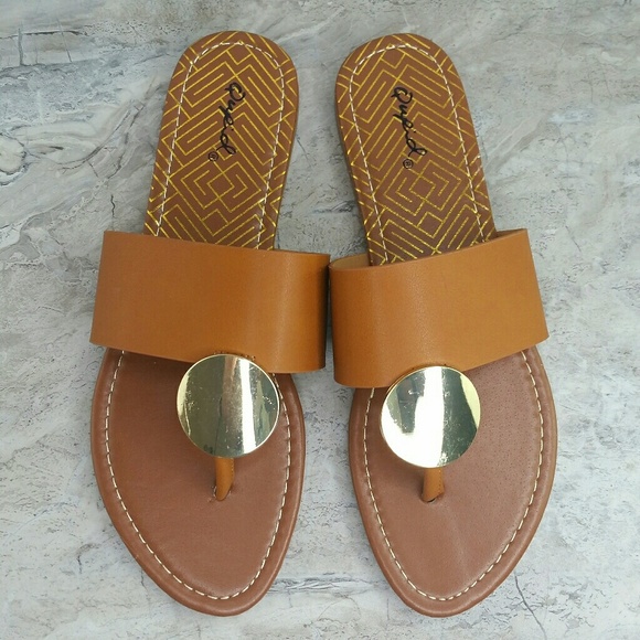 SALE!!!
 Sandal Tan Gold Disk Thong Slide-In Flat Sandal NEW - Picture 8 of 8